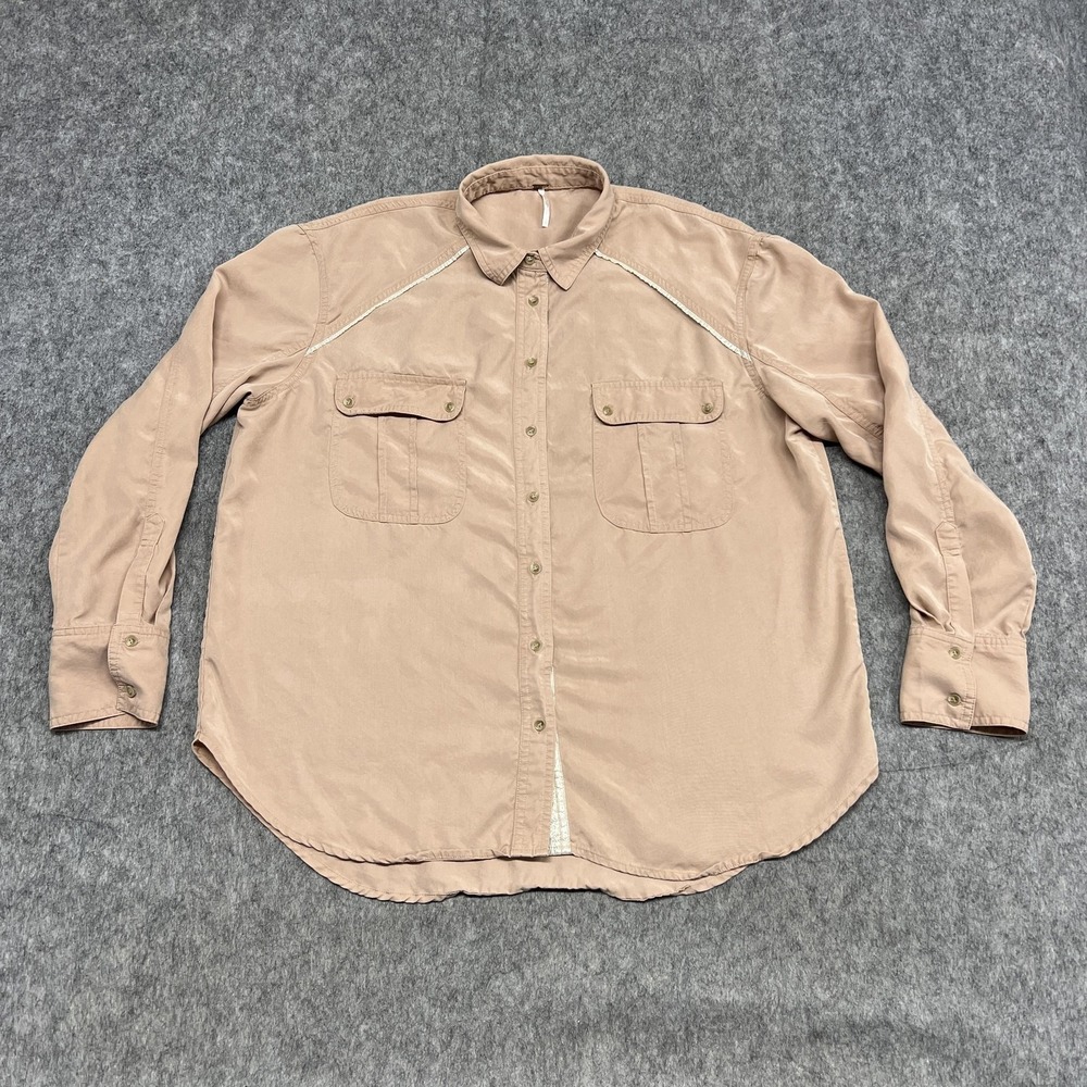 Free People Shirt Womens Large Beige Peach Lyocell Western Button Long Sleeve